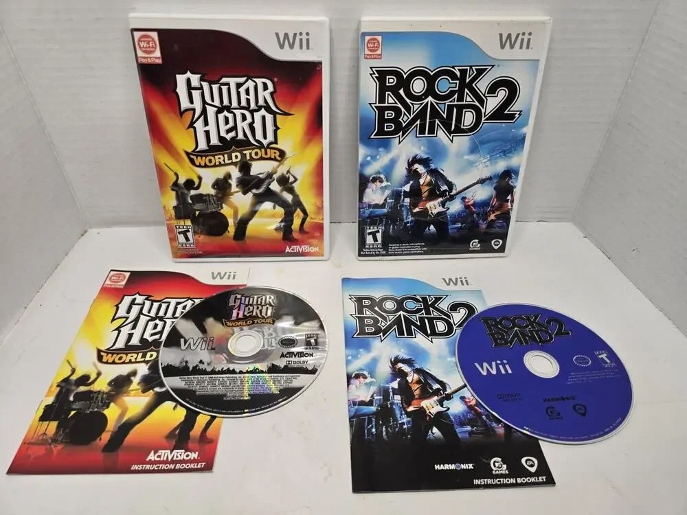 Nintendo Wii Rock Band 2 And Guitar Hero World tour, Game Bundle Tested Working